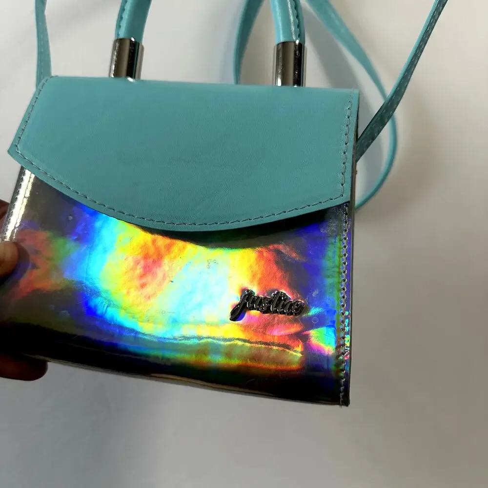 Justice Silver & Blue Iridescent Crossbody Purse / Handle Bag